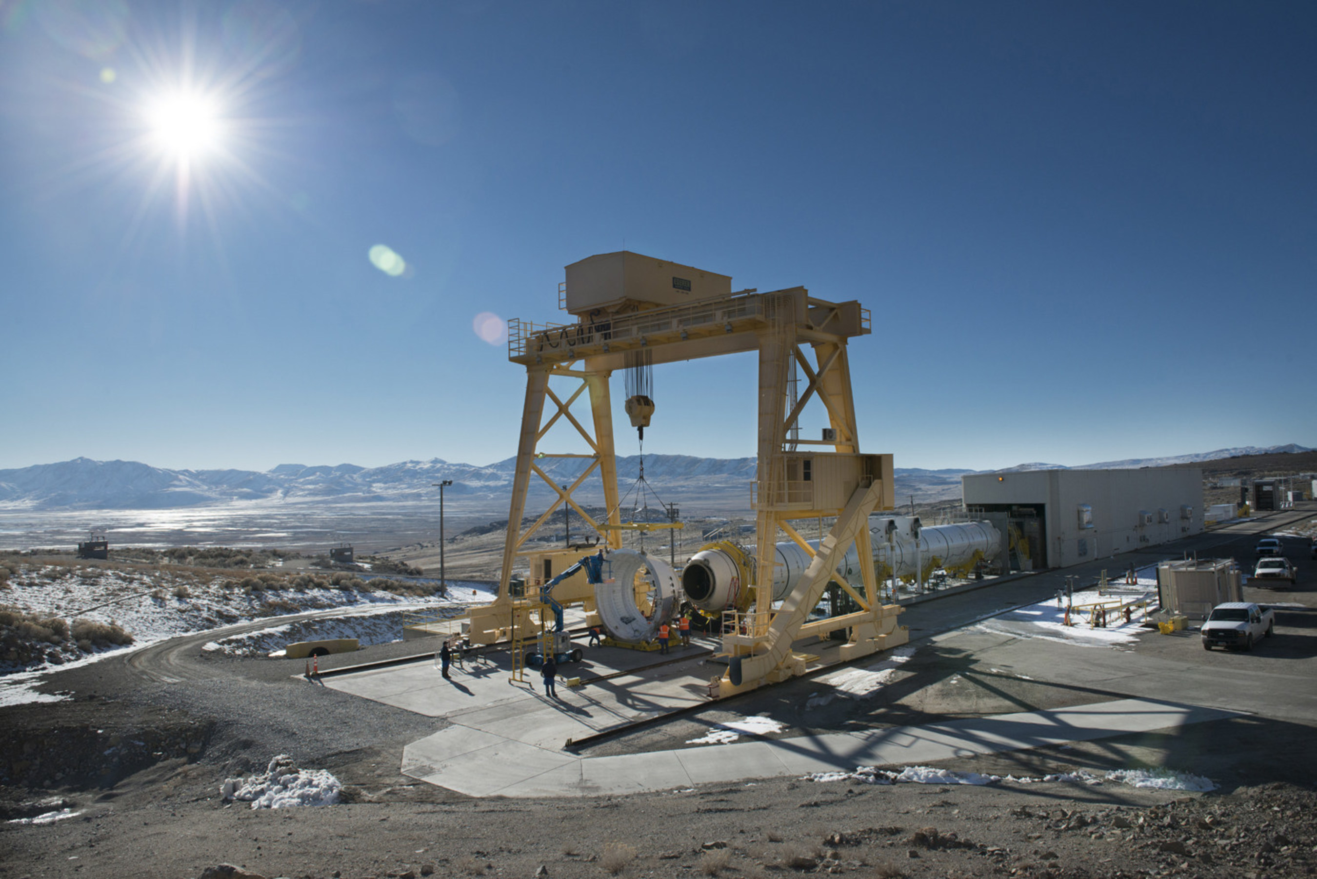 The first qualification motor for NASA's Space Launch Systems booster is installed in ATK's test stand in Utah - ready for a March 11 static-fire test.