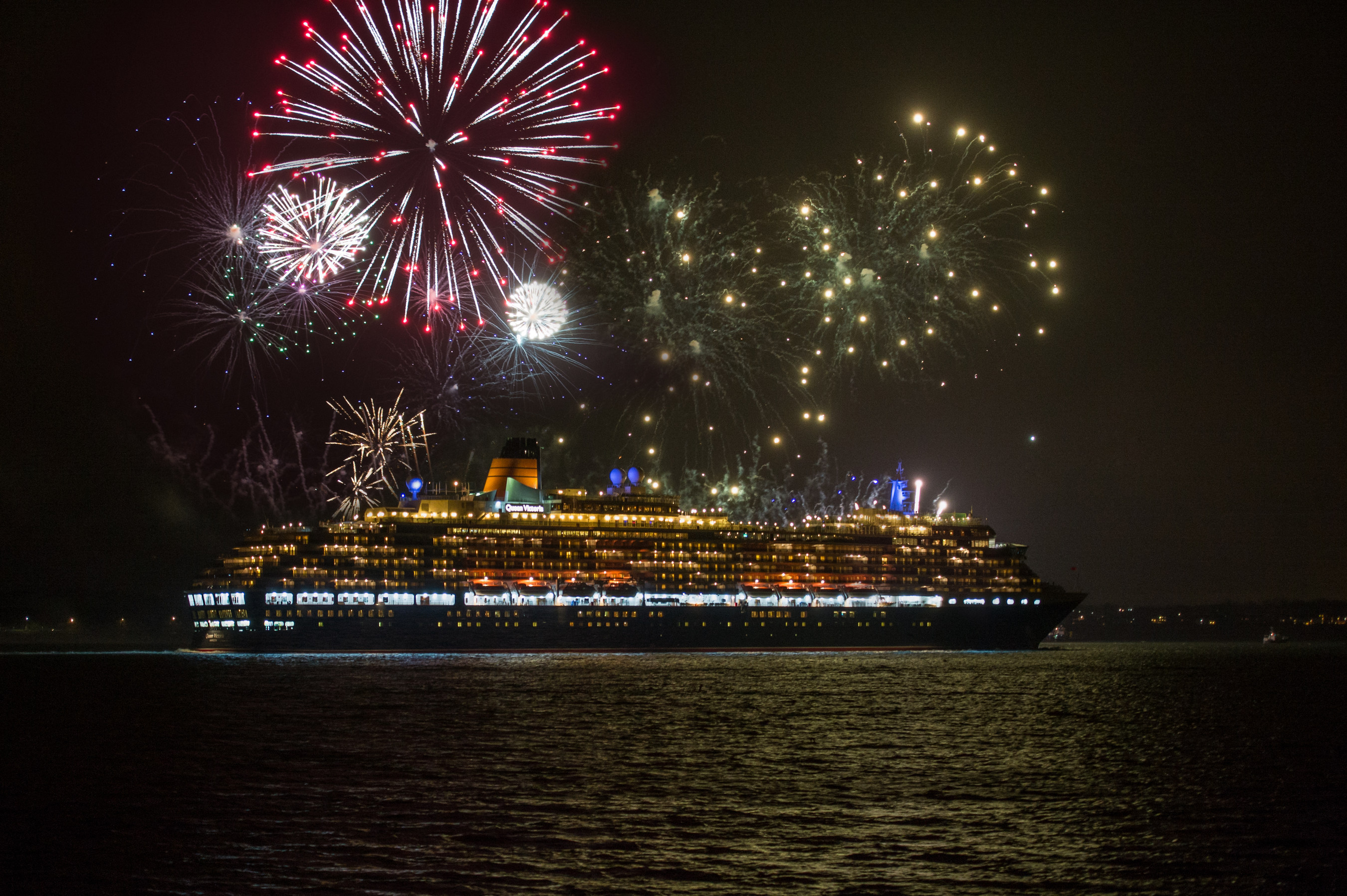 Fireworks as Queen Victoria sets sail from Southampton