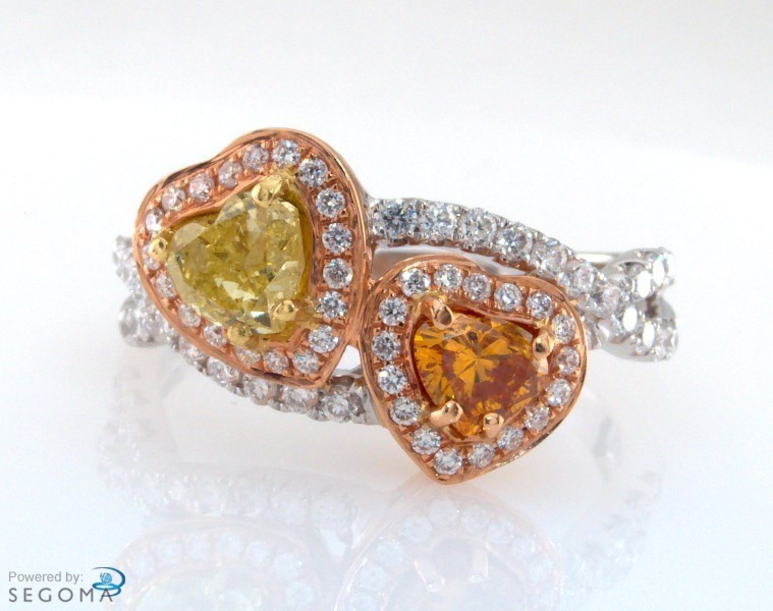 A perfect gift from the Sweet Valentine Israel Diamond Deals collection: Double Heart Shaped Ring by Denir Diamonds in 18K gold, with natural fancy yellow and deep yellow orange diamonds, surrounded by small natural white diamonds. Center stones are GIA certified.