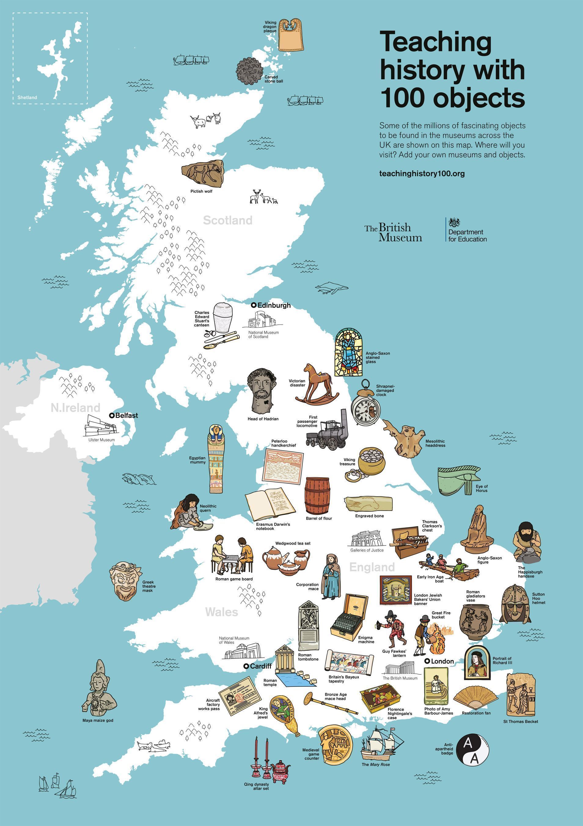 Teaching history with 100 objects, map resource showing objects from 40 museums across the UK. Â(C) The Trustees of the British Museum. (PRNewsFoto/TES Global)