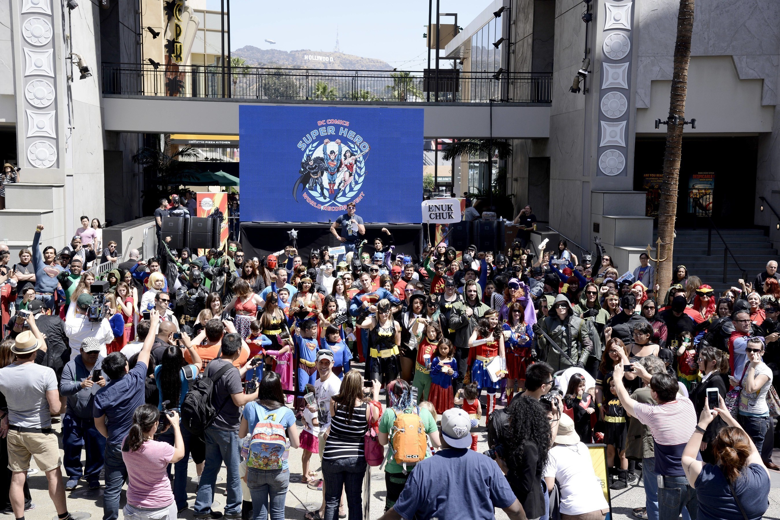 Fans dressed as DC Comics Super Heroes gather to set the Guinness World Record for most people dressed as DC Comics Super Heroes within a 24-hour period at the DC Comics Super Hero World Record Event at the Hollywood & Highland Center on April 18, 2015 in Los Angeles, California.