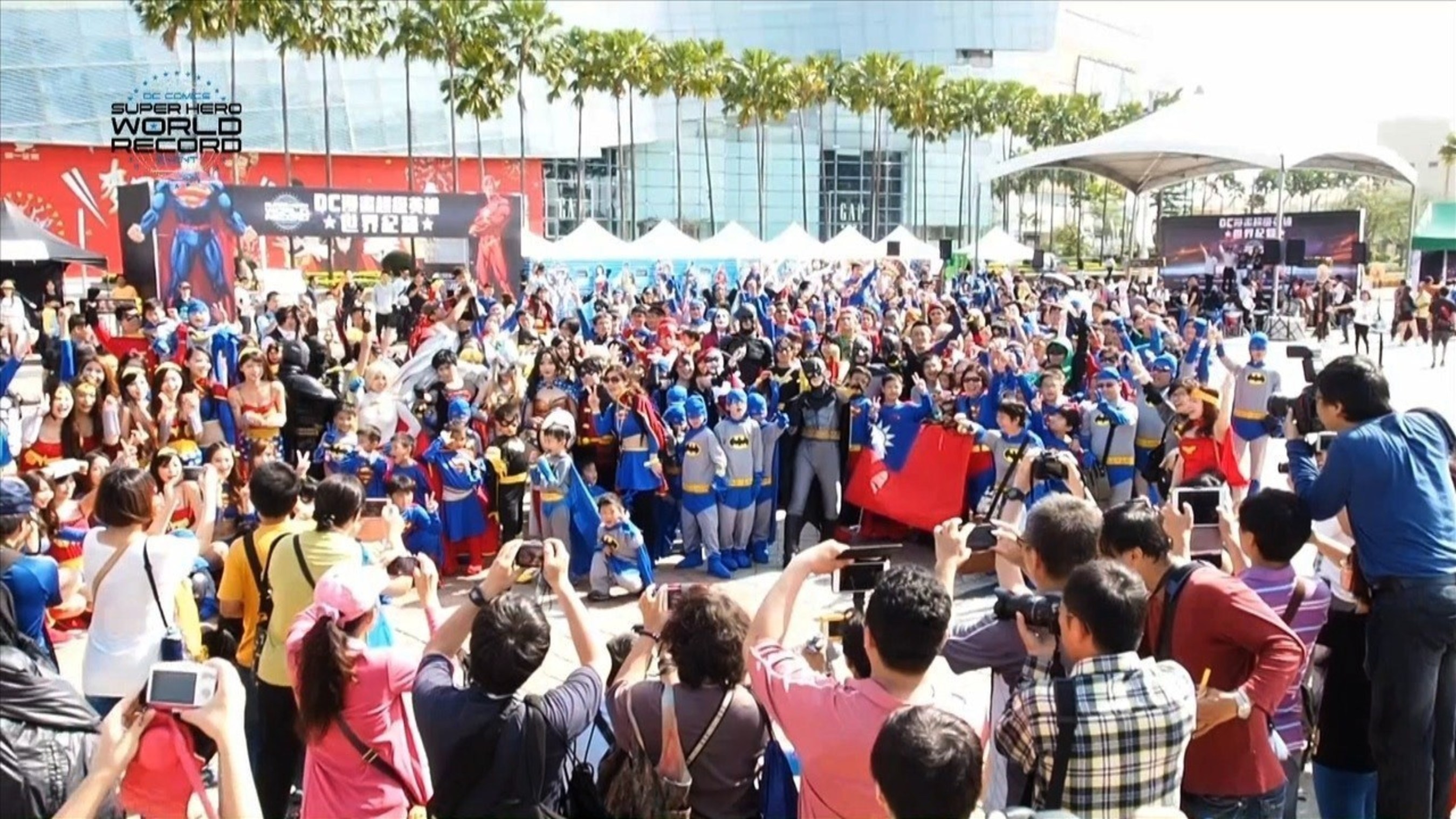 Fans dressed as DC Comics Super Heroes gather to set the Guinness World Record for most people dressed as DC Comics Super Heroes within a 24-hour period at the DC Comics Super Hero World Record Event on April 18, 2015 in Kaohsiung, Taiwan.