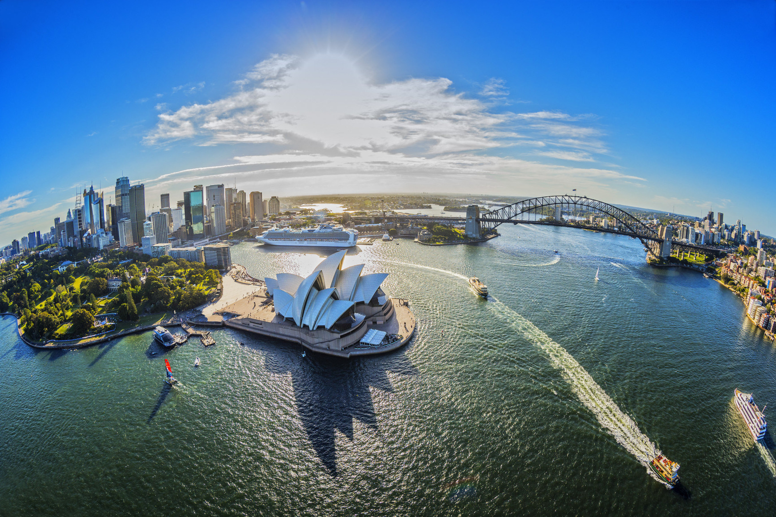 Aerial of Sydney Opera House, Royal Botanic Gardens and the Sydney Harbour Bridge