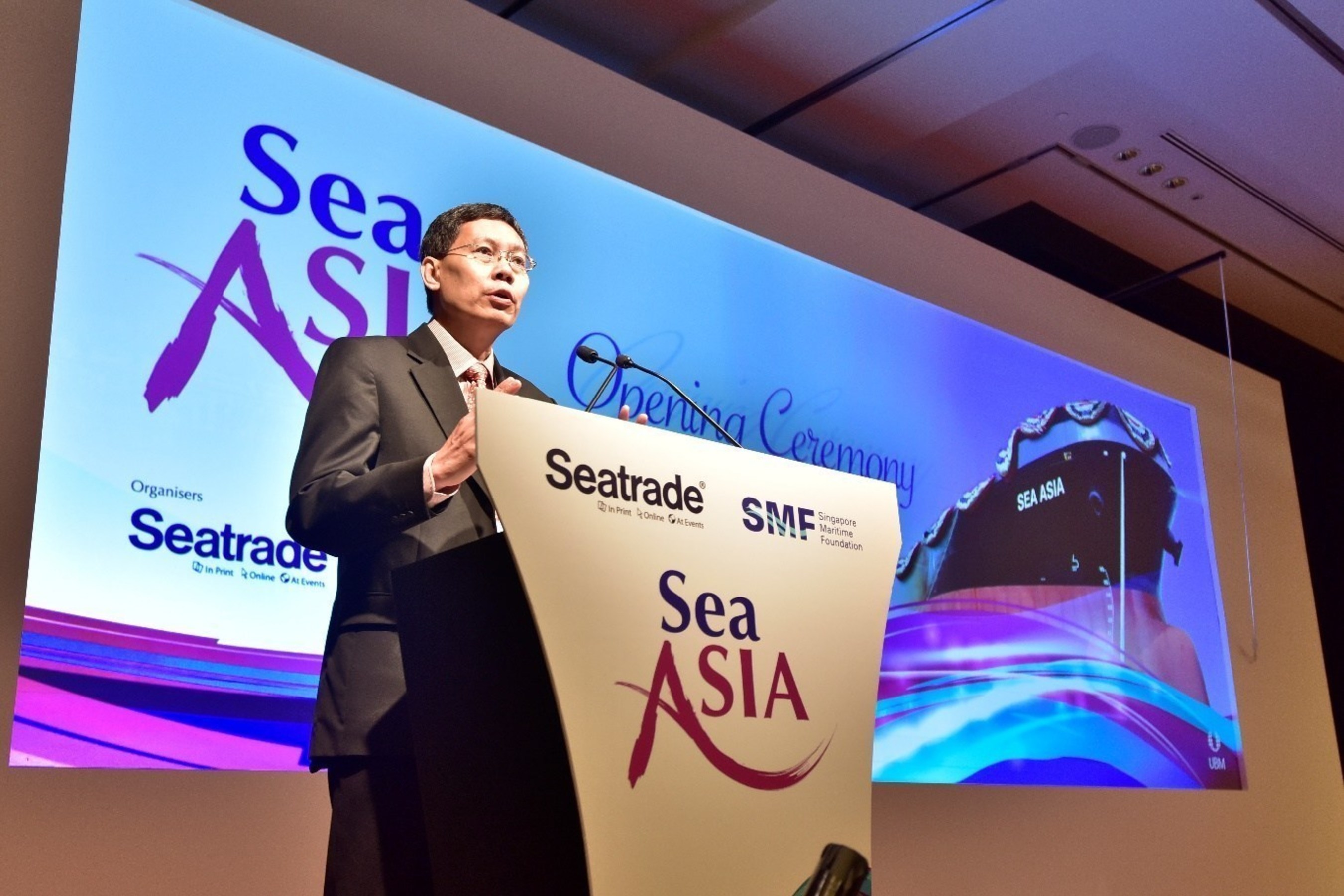 Minister for Transport and Second Minister for Defence Mr Lui Tuck Yew speaking at the Sea Asia 2015 opening ceremony.