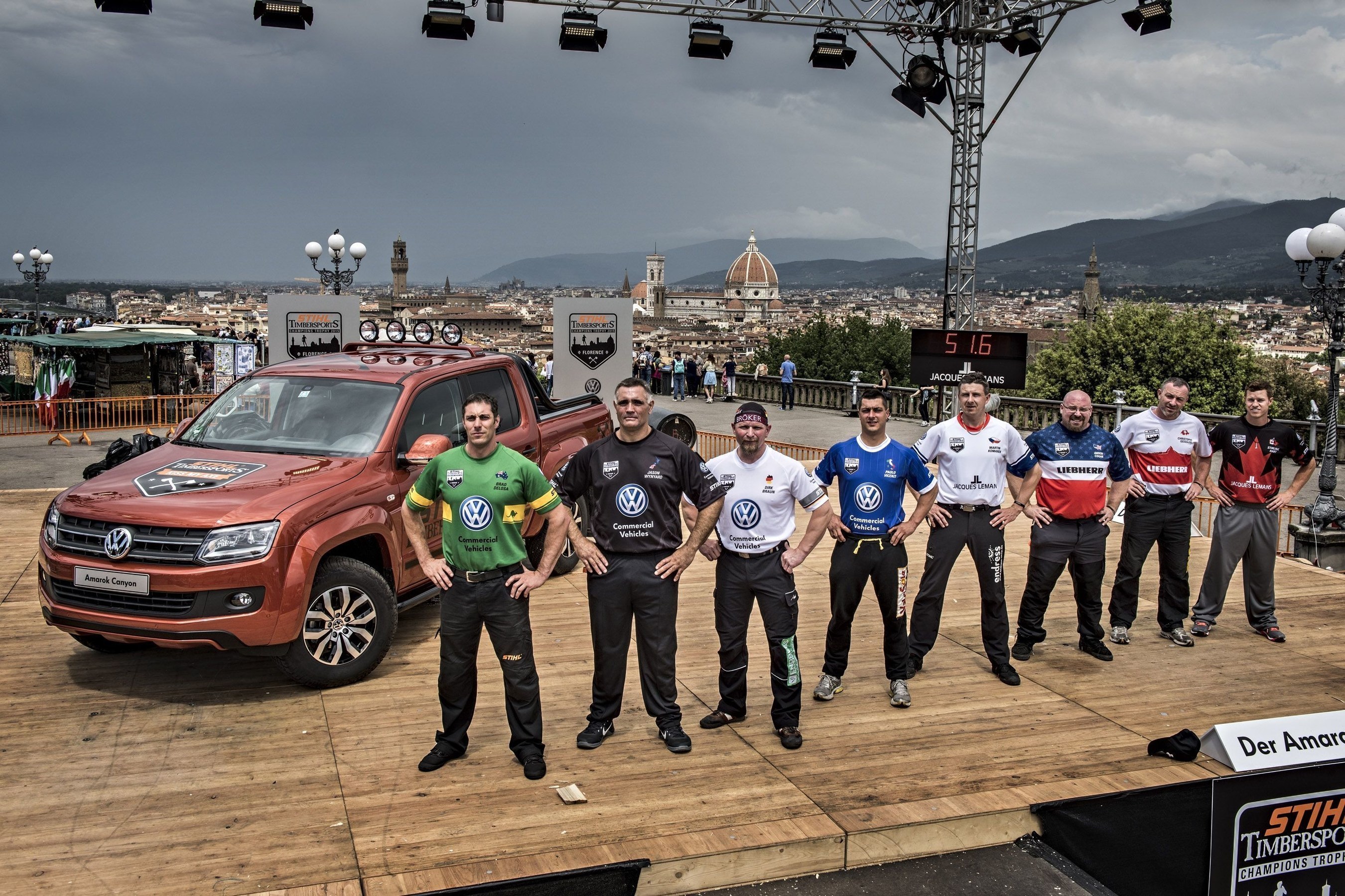 2015 Champions Trophy in Florence, Italy: the athletes on the stage with the Amarok pick-up. (PRNewsFoto/STIHL TIMBERSPORTS Series) (PRNewsFoto/STIHL TIMBERSPORTS Series)