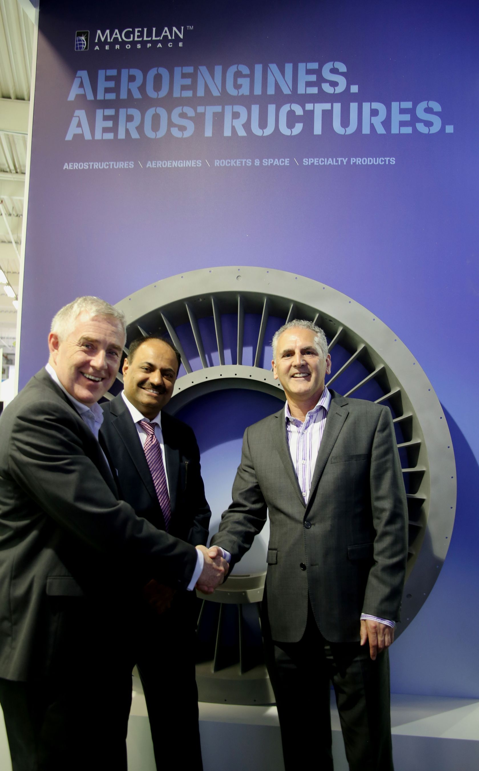 (L-R) Mr. Haydn Martin, Magellanâeuro(TM)s Vice President Business Development, Arvind Mehra, Executive Director and CEO, Mahindra Aerospace and Mr Stephen Roebuck, Mahindraâeuro(TM)s Director, Business Development âeuro" Aerostructures Business, Mahindra Aerospace post signing an Memorandum of Understanding (MOU) to offer their mutual customers major structural assemblies, machined components and fabrications for the global market. (PRNewsFoto/Mahindra & Mahindra Ltd.)