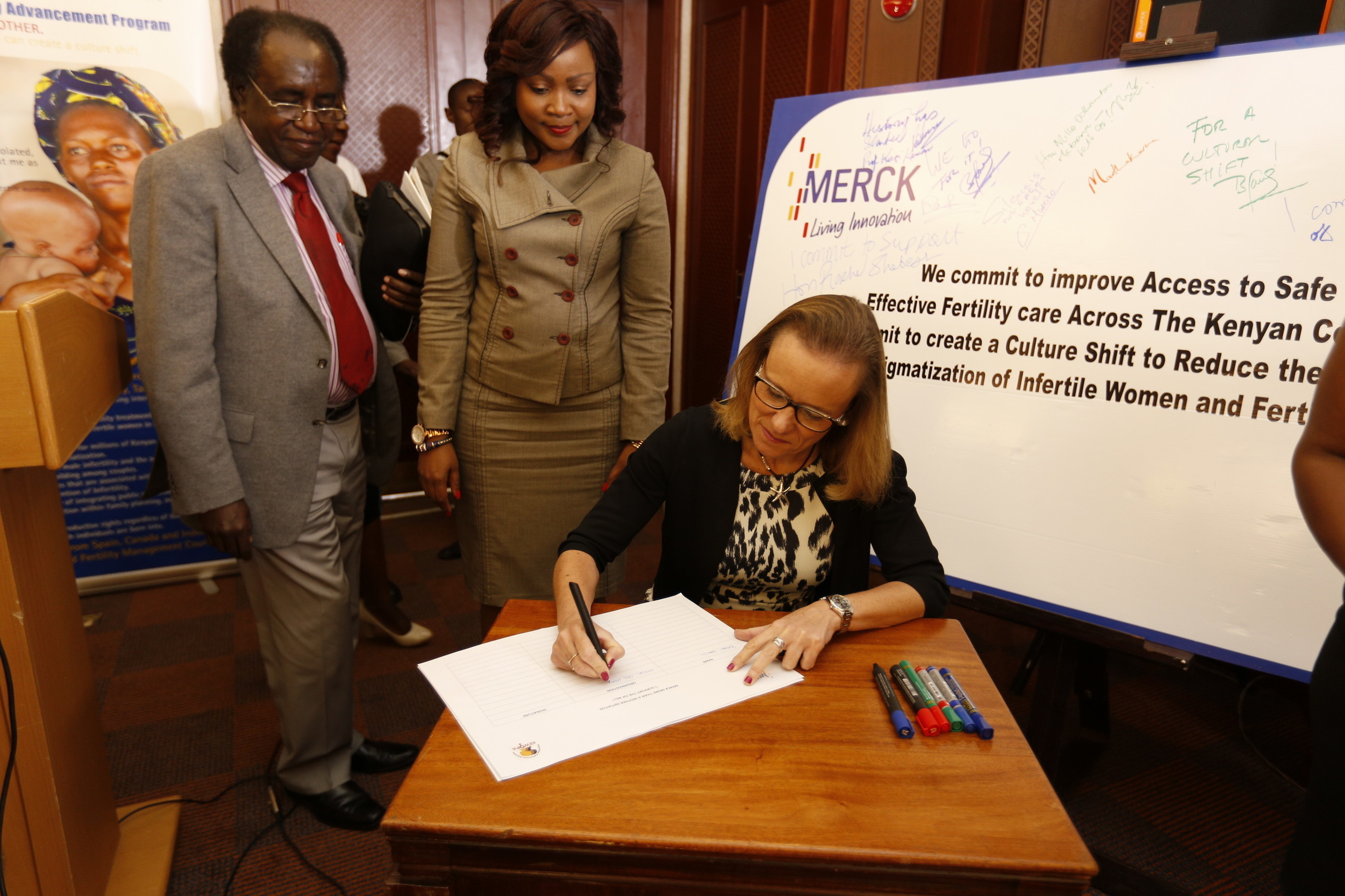 Prof. Koigi Kamau (University of Nairobi), Hon. Joyce Lay (Member of Kenyan Parliament) and Belen Garijo (Merck KGaA, Darmstadt, Germany) launched the "More than a Mother" campaign in Nairobi on June 22, 2015 (PRNewsFoto/Merck) (PRNewsFoto/Merck)