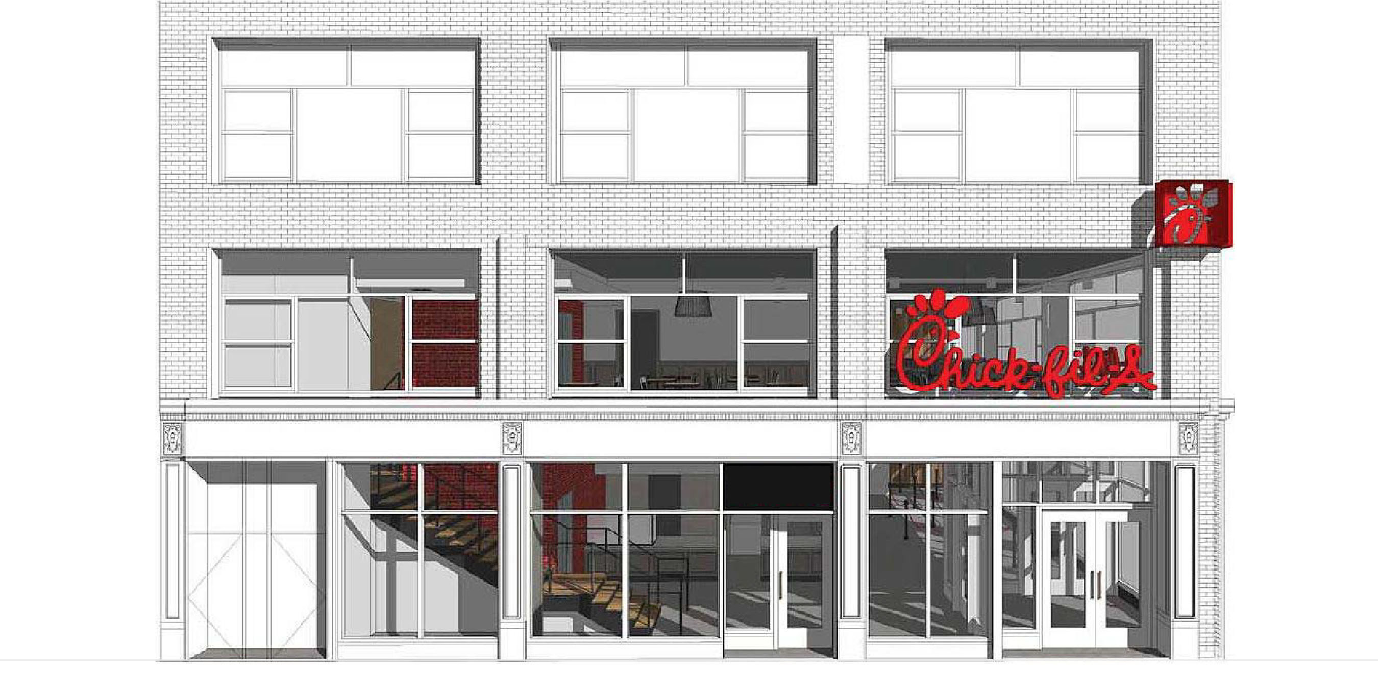 Rendering of Chick-fil-A at 37th and 6th, the first freestanding Chick-fil-A restaurant in New York City, which is set to open in the Garment District on October 3, 2015.