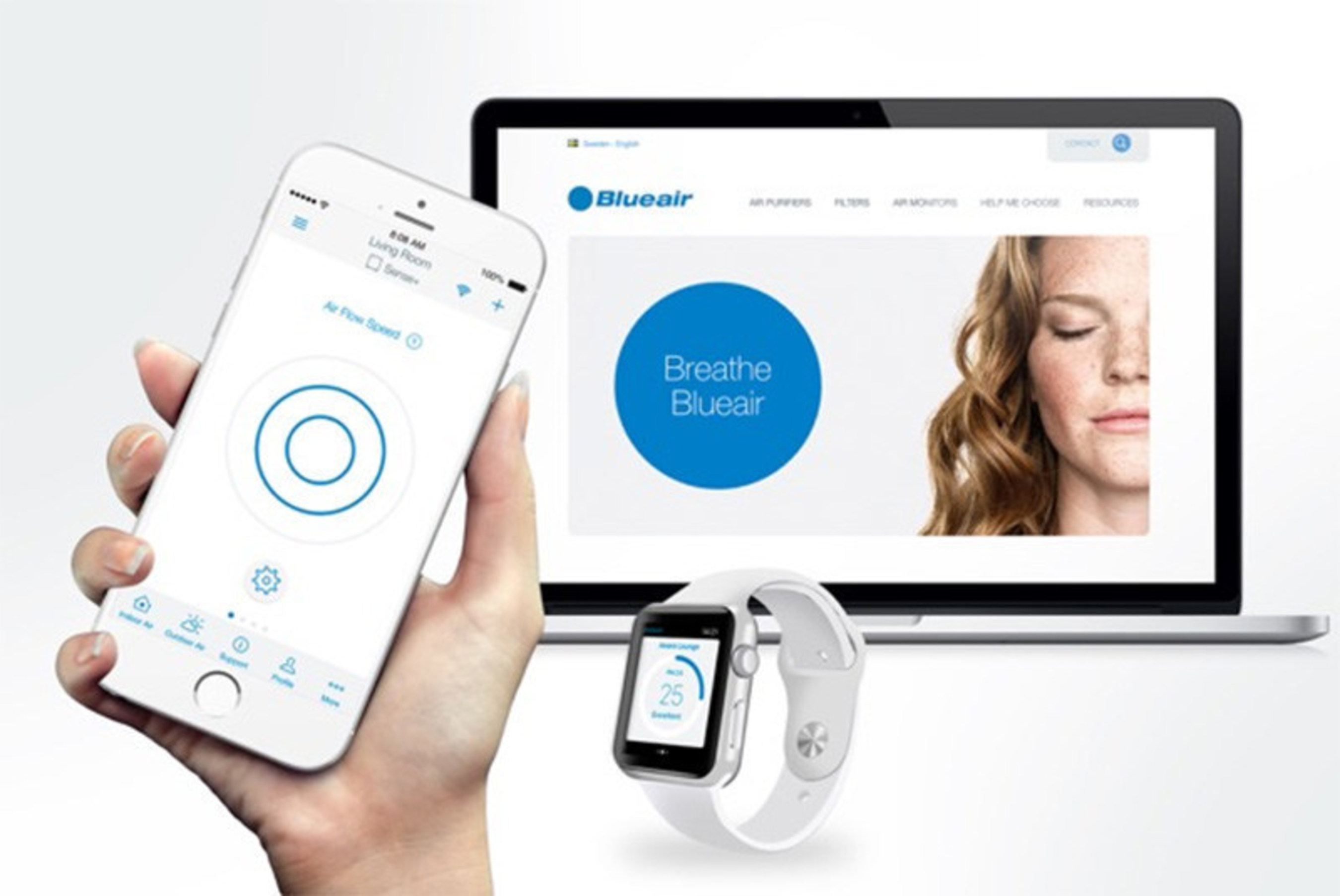Blueair's Cloud-based Wi-Fi connected air quality monitoring devices, including the Aware AQ monitor and Blueair Friend app that can be installed on all Android and Apple mobile devices including the Apple watch, connect wirelessly to a Blueair indoor air purifier to adjust its performance in line with indoor air pollution levels. (PRNewsFoto/Blueair) (PRNewsFoto/Blueair)
