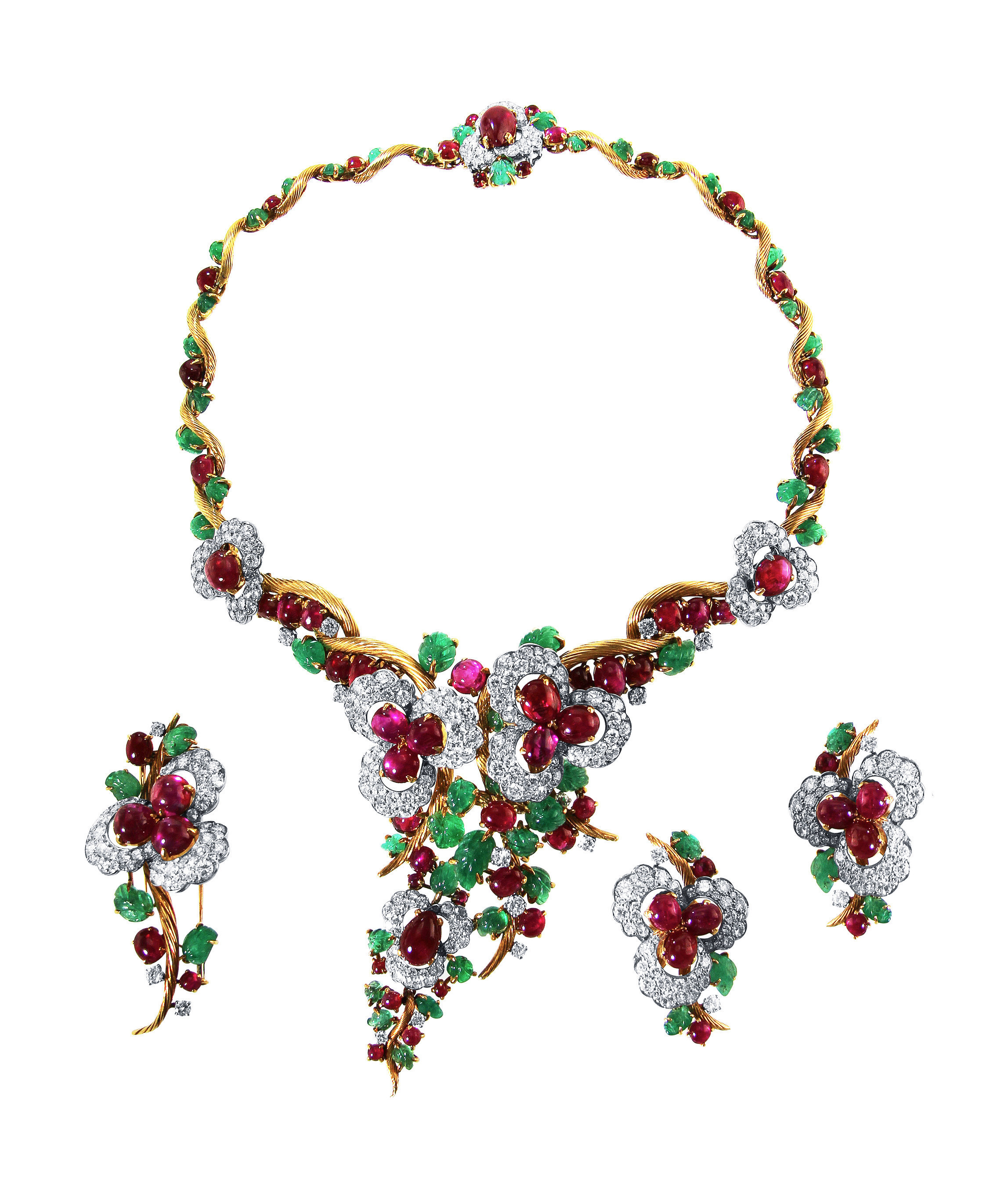 18 Karat Gold, Platinum, Emerald, Ruby and Diamond Suite by Mauboussin, 1962 to 1965; Jeweller: J. S. Fearnley (USA), Grand, Booth GP101 Estimated Price: SGD 406,000