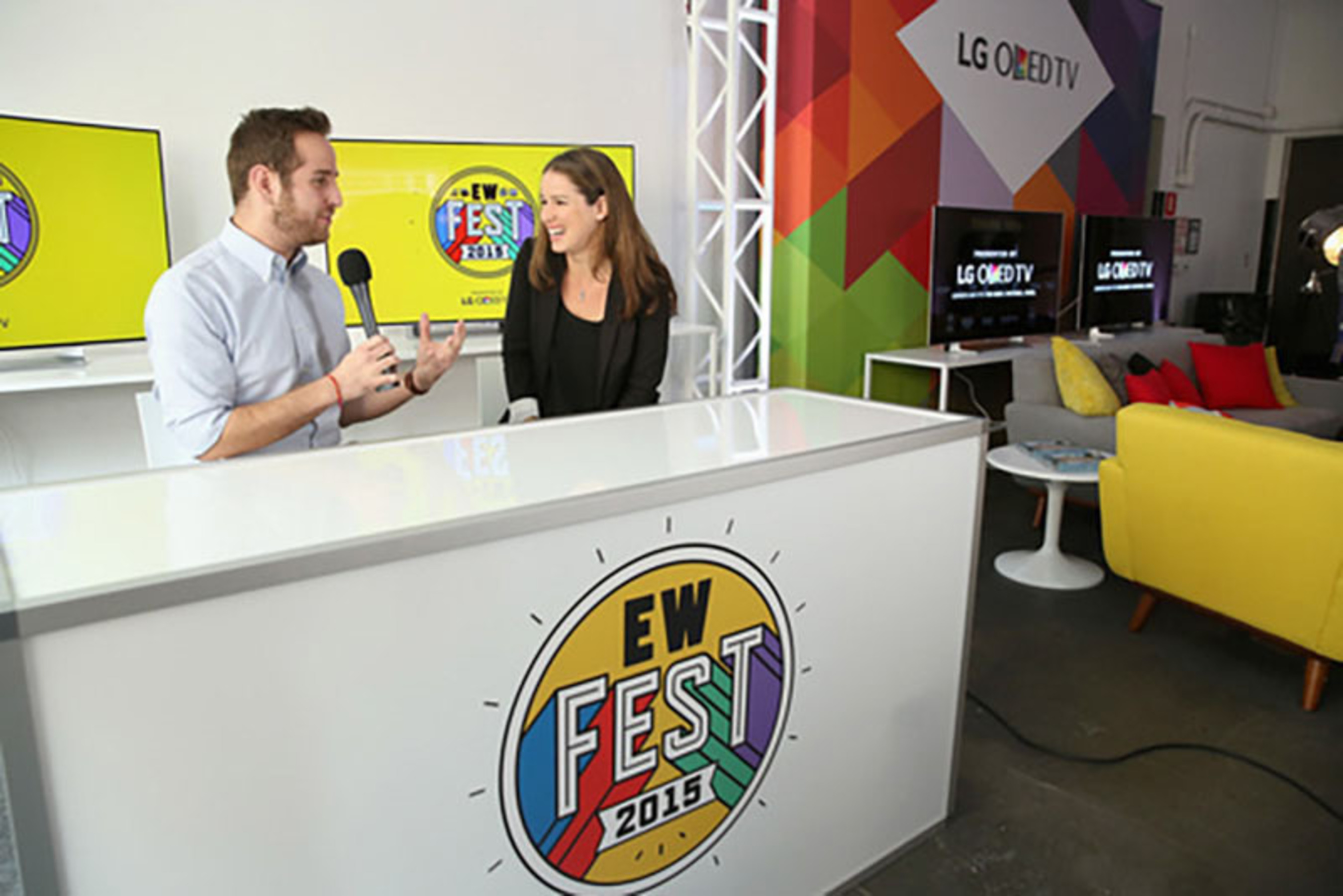 Marc Snetiker (L) and Chilina Kennedy speak during Entertainment Weekly's first ever "EW Fest" presented by LG OLED TV on October 24, 2015 in New York City. (Photo by Monica Schipper/Getty Images for Entertainment Weekly)