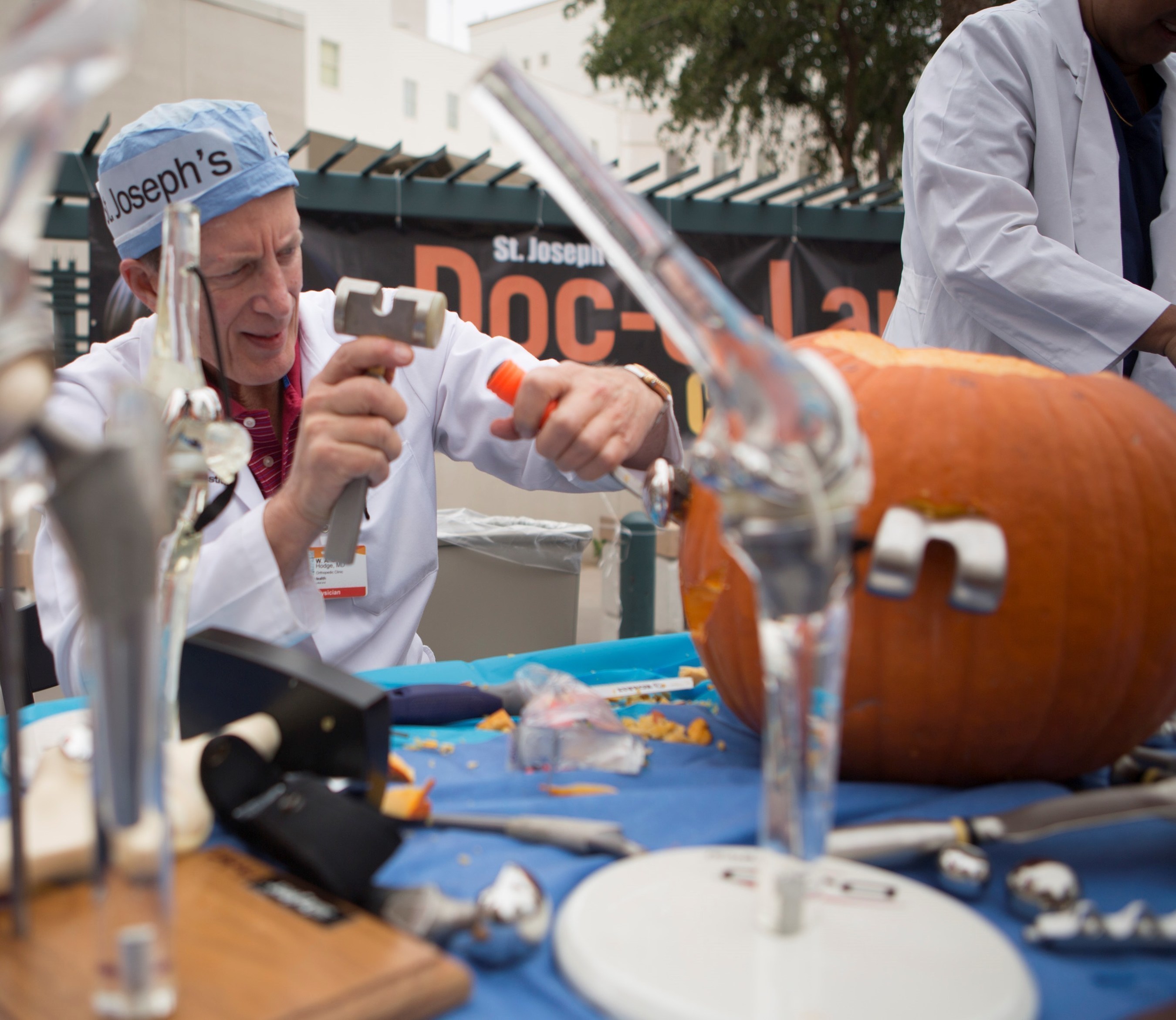 Dr. Andrew Hodge did the first-ever joint replacement on a pumpkin. Ouch!