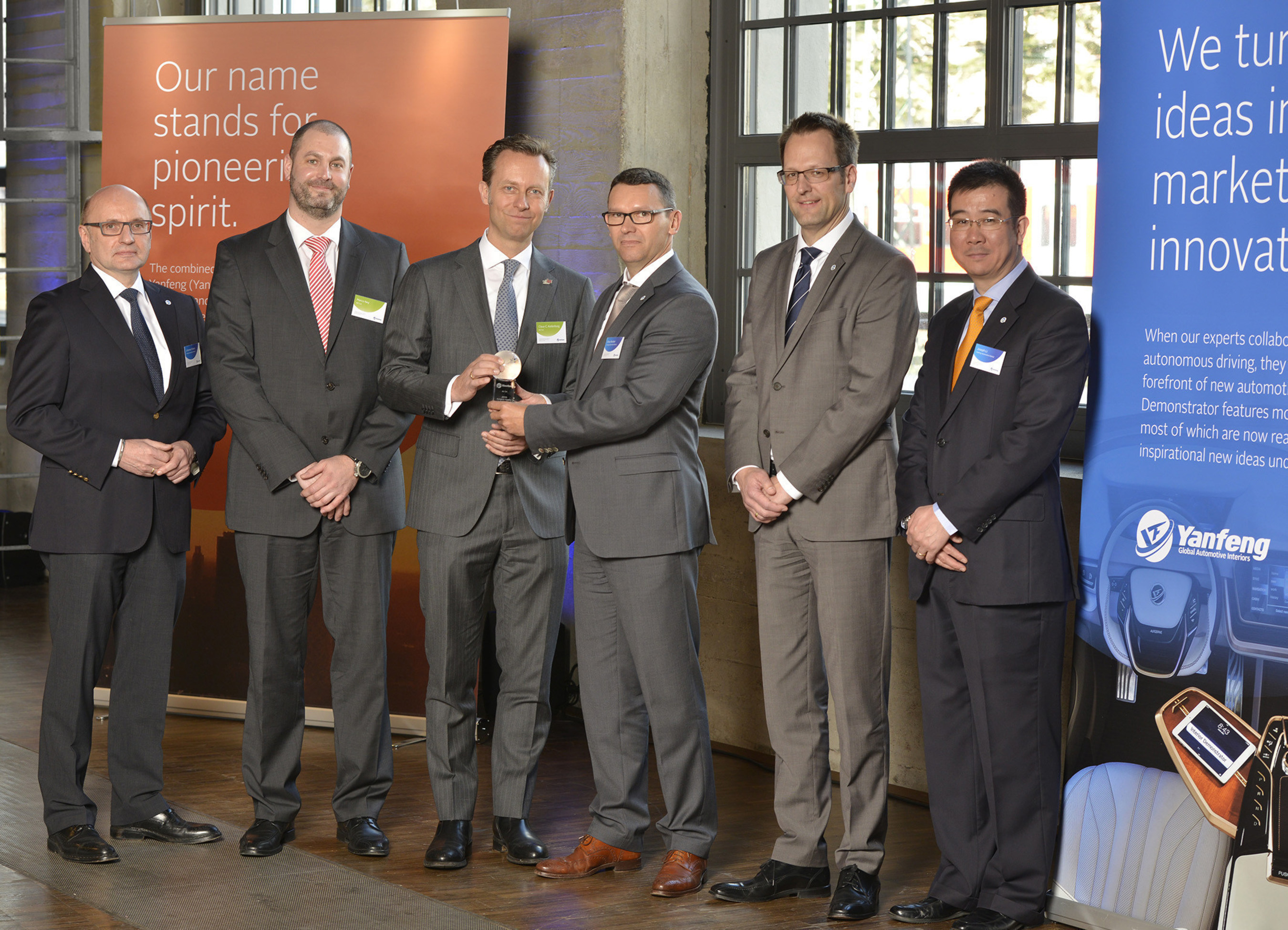 The supplier IEE S.A. from Luxembourg, an innovative developer of specialized sensor systems, was honored from Yanfeng Automotive Interiors with the Leadership Award in the Innovation category. from left to right: Johannes Roters, CEO at YFAI, Marco Ney, Business Development Manager at IEE S.A., Dr. Claus-C. Kedenburg, Executive Vice President Commercial Sales, Marketing and Business Development at IEE S.A., Dr.-Ing. Oliver Becker, Executive Director Process Innovation at YFAI, Gunnar Buechter, Director Procurement und Joseph Lee, Vice President and Deputy General Manager Europe & South Africa (both Yanfeng Automotive Interiors). (PRNewsFoto/Yanfeng Automotive Interiors) (PRNewsFoto/Yanfeng Automotive Interiors)