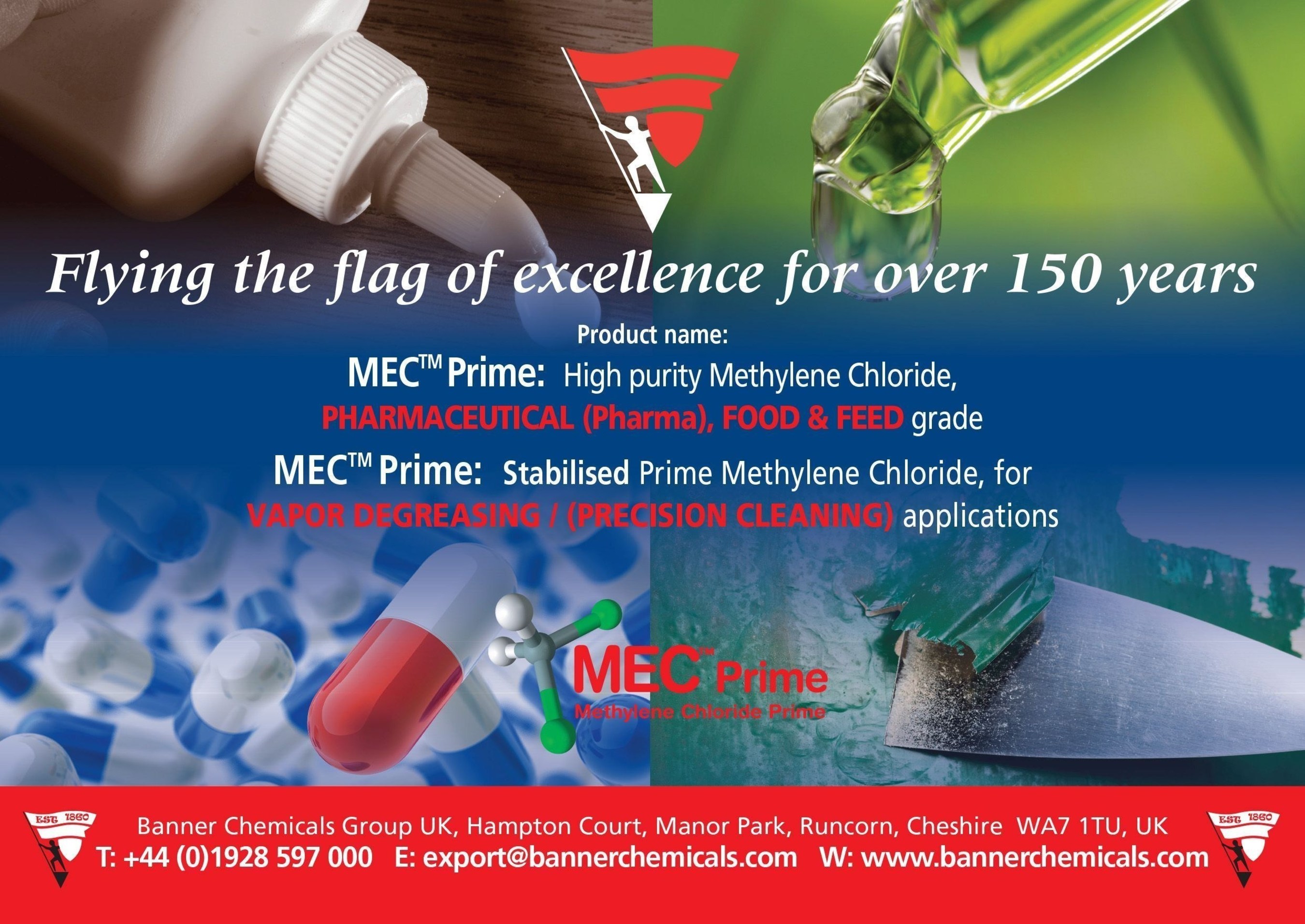 MEC(TM) Prime - Methylene Chloride Prime, High purity, PHARMACEUTICAL, FOOD & FEED grade and precision cleaning, DEGREASING grade (PRNewsFoto/Banner Chemicals UK) (PRNewsFoto/Banner Chemicals UK)