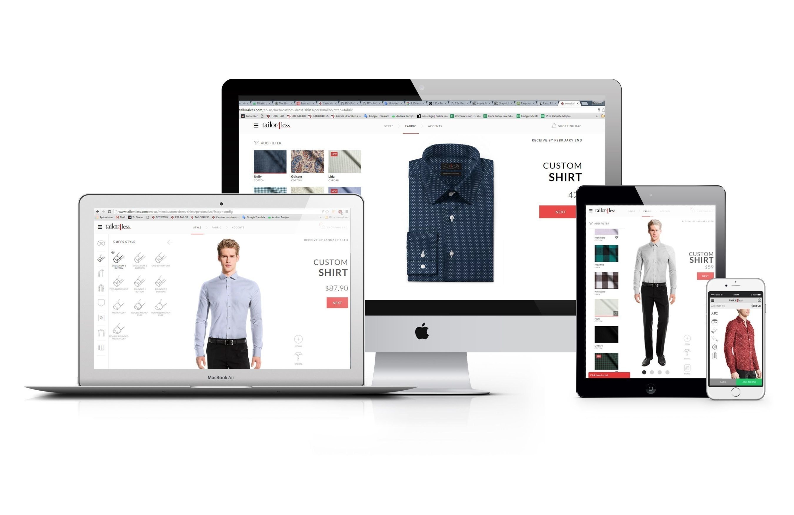 Founded in 2008, Tailor4less is the e-commerce leader in custom suits and shirts. As a customer, you can choose up to 1'000 different customization options and see the design changes on real time, in different view angles and zoom options (PRNewsFoto/Tailor4less) (PRNewsFoto/Tailor4less)