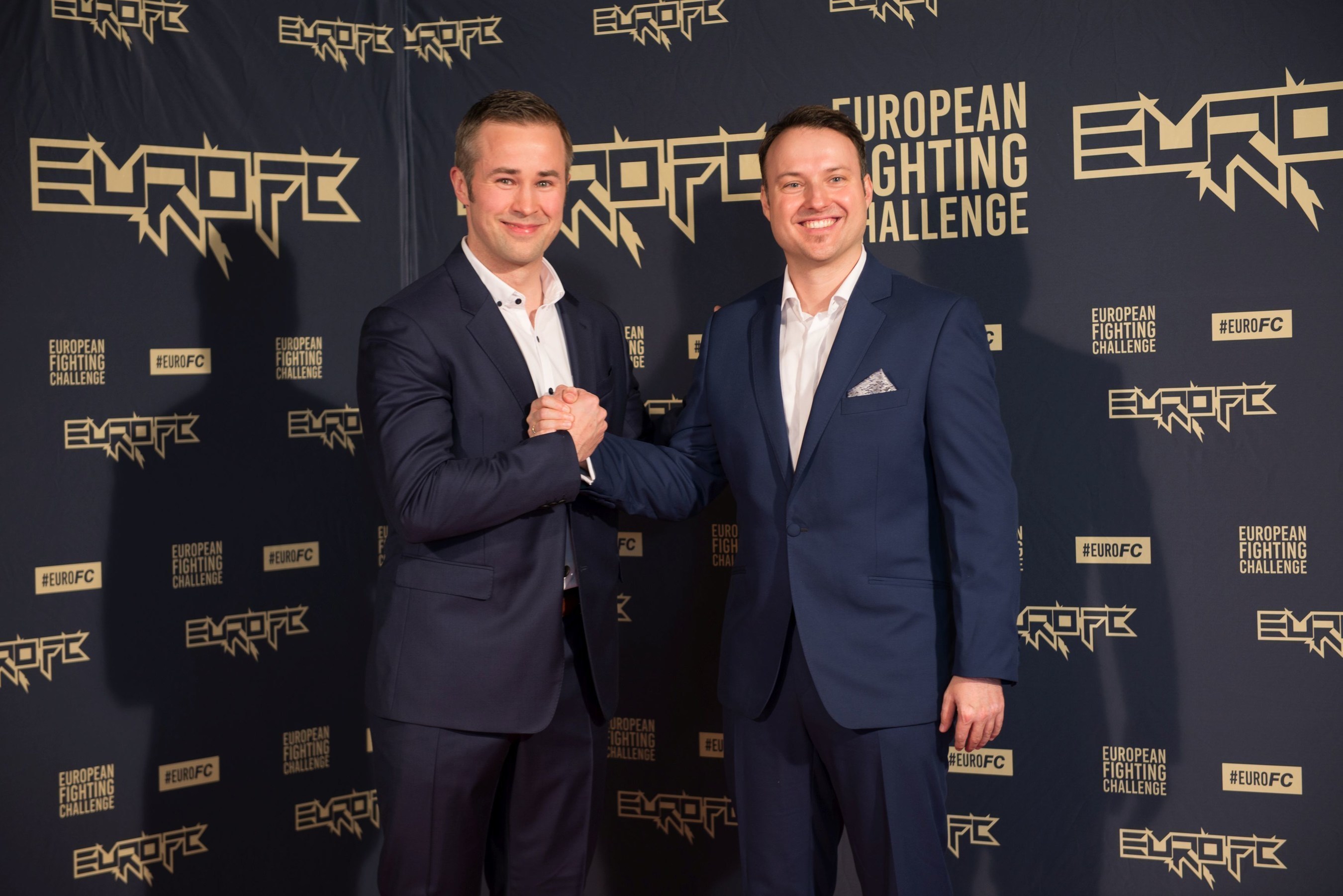 (on the left) Jarno Kukila, CEO of European Fighting Challenge and (on the right) Tim Leidecker, VP of Talent Relations of European Fighting Challenge are all smiles in Berlin at the launch event of the first All European MMA promotion (PRNewsFoto/European Fighting Challenge)