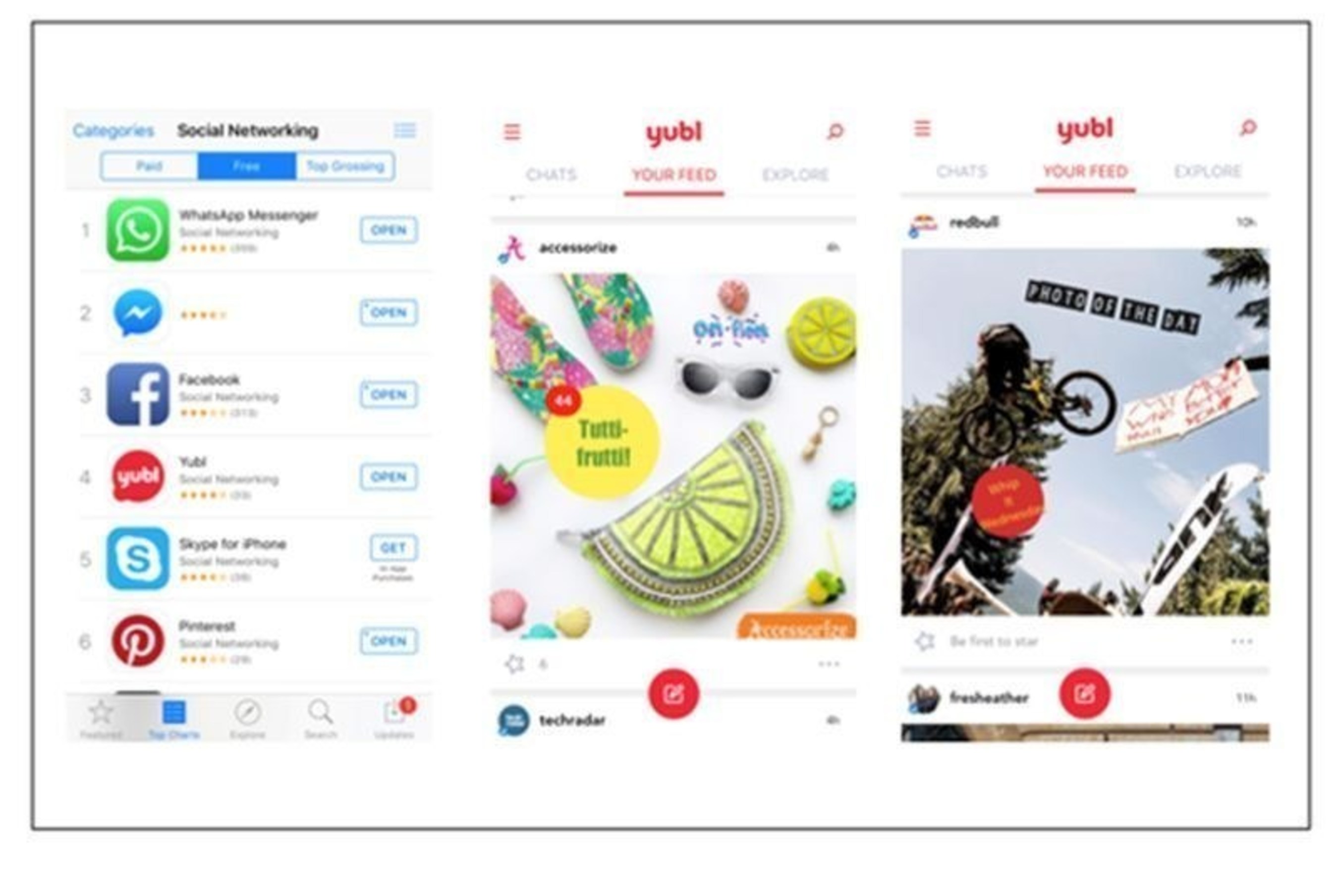 Yubl reaches number 4 in the app store, with Accessorize and Red Bull already on board. (PRNewsFoto/Yubl)