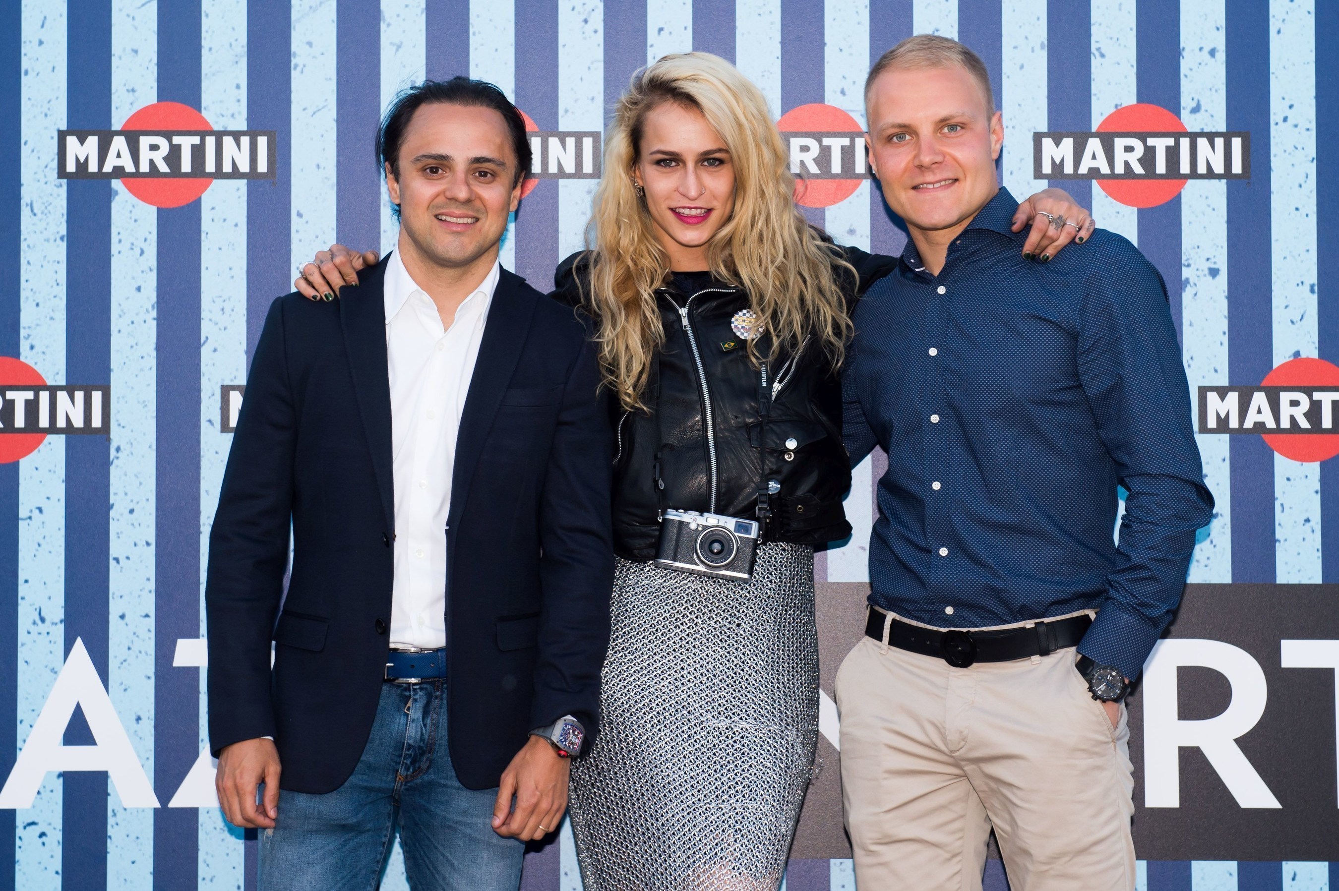 Williams MARTINI Racing drivers Felipe Massa and Valtteri Bottas join Alice Dellal as she’s announced the 2016 MARTINI Race Photographer at the Terrazza MARTINI in Barcelona