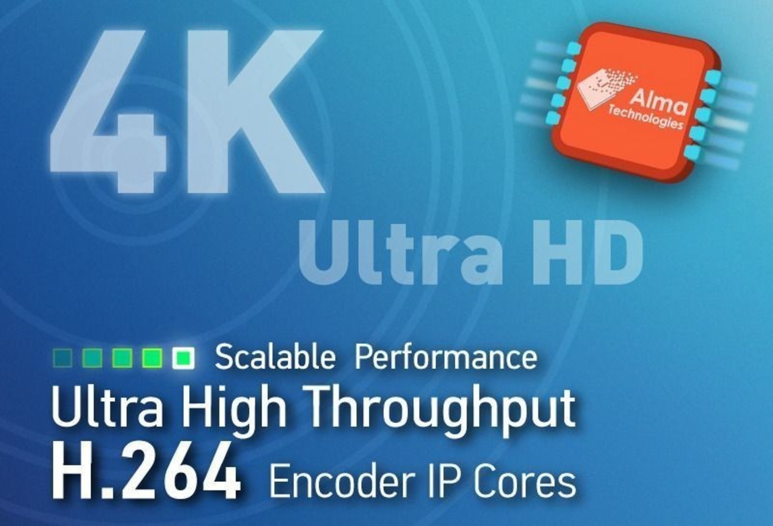 Alma Technologies announces the addition of three new Ultra High Throughput H.264 encoders to its UHT Image & Video Compression IP product line. This new family of scalable H.264 encoders offers progressively increasing levels of compression and enables 4K resolutions in power- and cost-effective FPGA and ASIC implementations. Each of the three new H.264 encoders can be configured to support Baseline, Main and High profiles, 4:2:0 and 4:2:2 chroma sampling, and up to 12-bit per component color depth.