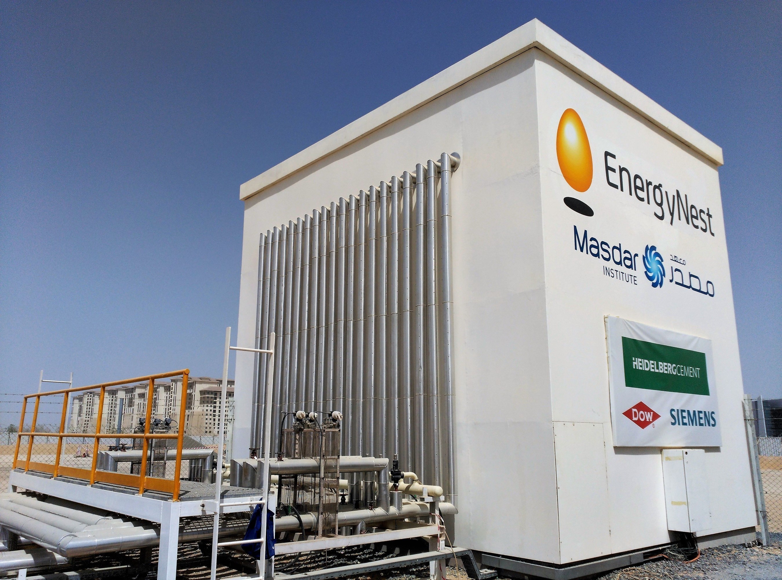 Masdar Institute and EnergyNest initiated a comprehensive joint research project in 2013 for building and testing a 2 x 500 kWhth Thermal Energy Storage (TES) pilot. The pilot facility is now fully operational and has been validated by DNV GL with regards to operating temperature, energy storage capacity, and energy efficiency. (PRNewsFoto/EnergyNest)