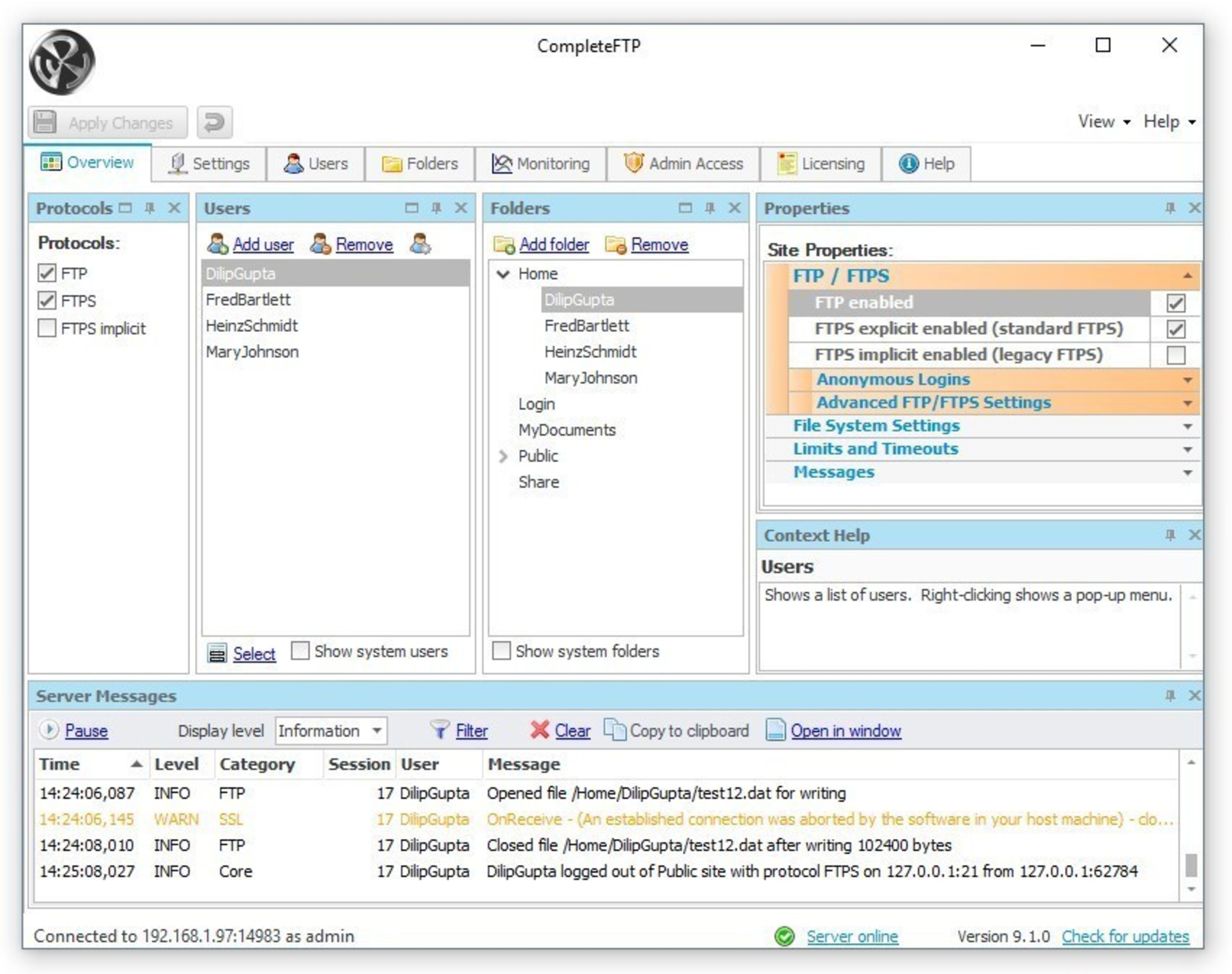 Screenshot: CompleteFTP Free edition Overview panel