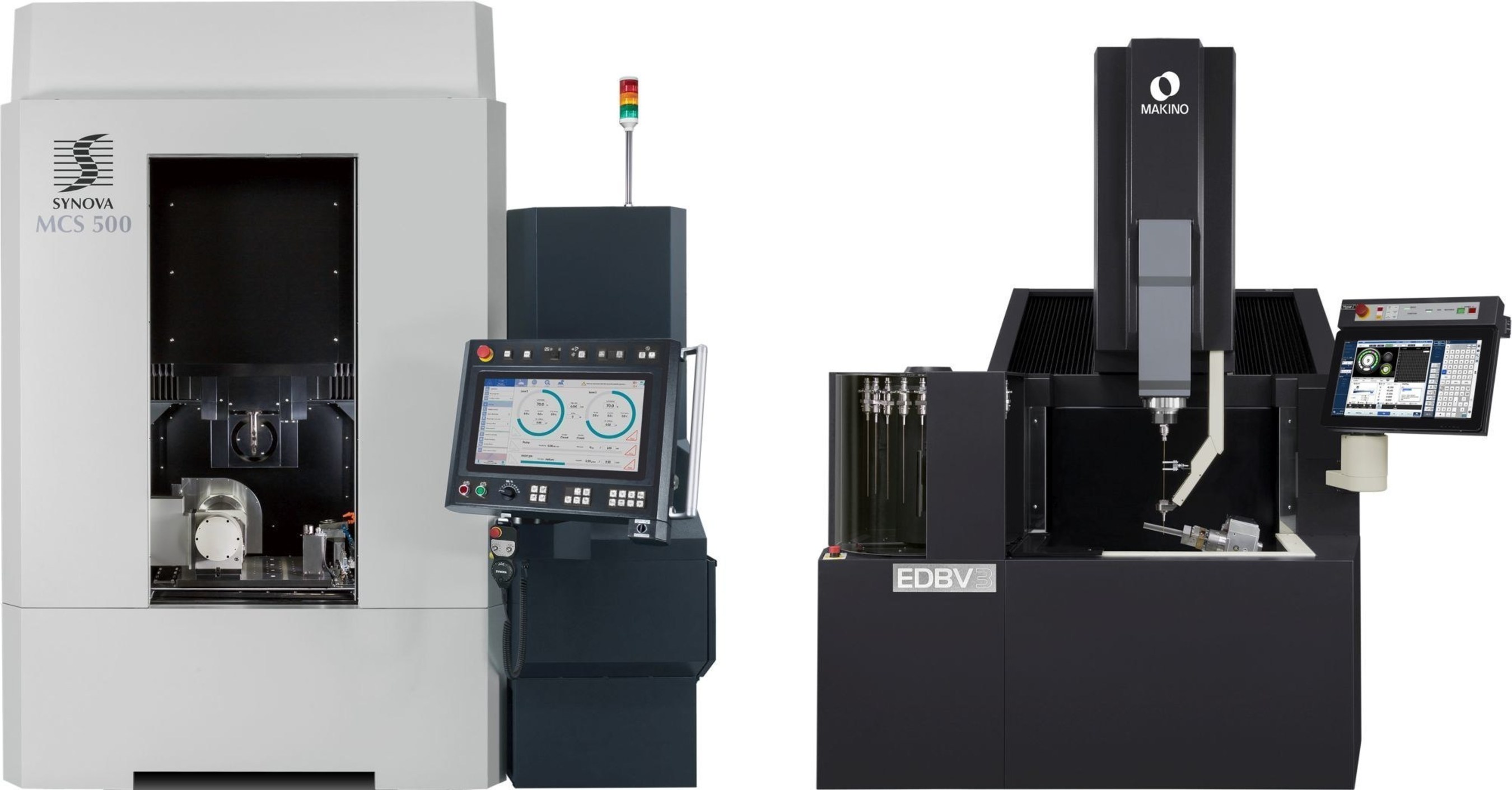 The Synova-Makino HybridCell consists of Synova's MCS 500 Laser MicroJet machine(R), along with Makino's EDBV3 EDM hole-drilling machine. The Laser MicroJet system is used to cut diffuser shapes in the coating layer and drilling metering holes, while the EDBV is used to drill deep through holes. It is a fully automated, manufacturing-ready, work cell that can handle a wide range of hole-drilling applications. (PRNewsFoto/Synova S.A.)