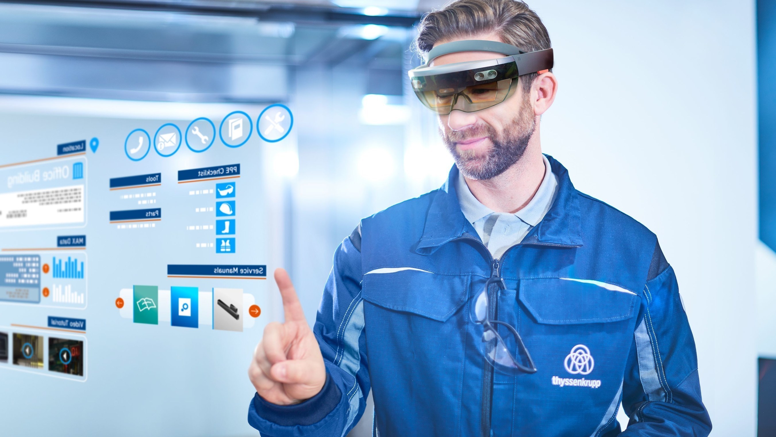 HoloLens will support thyssenkrupp elevator technicians prior to and on the job site, significantly reducing service intervention times. (PRNewsFoto/thyssenkrupp Elevator AG)