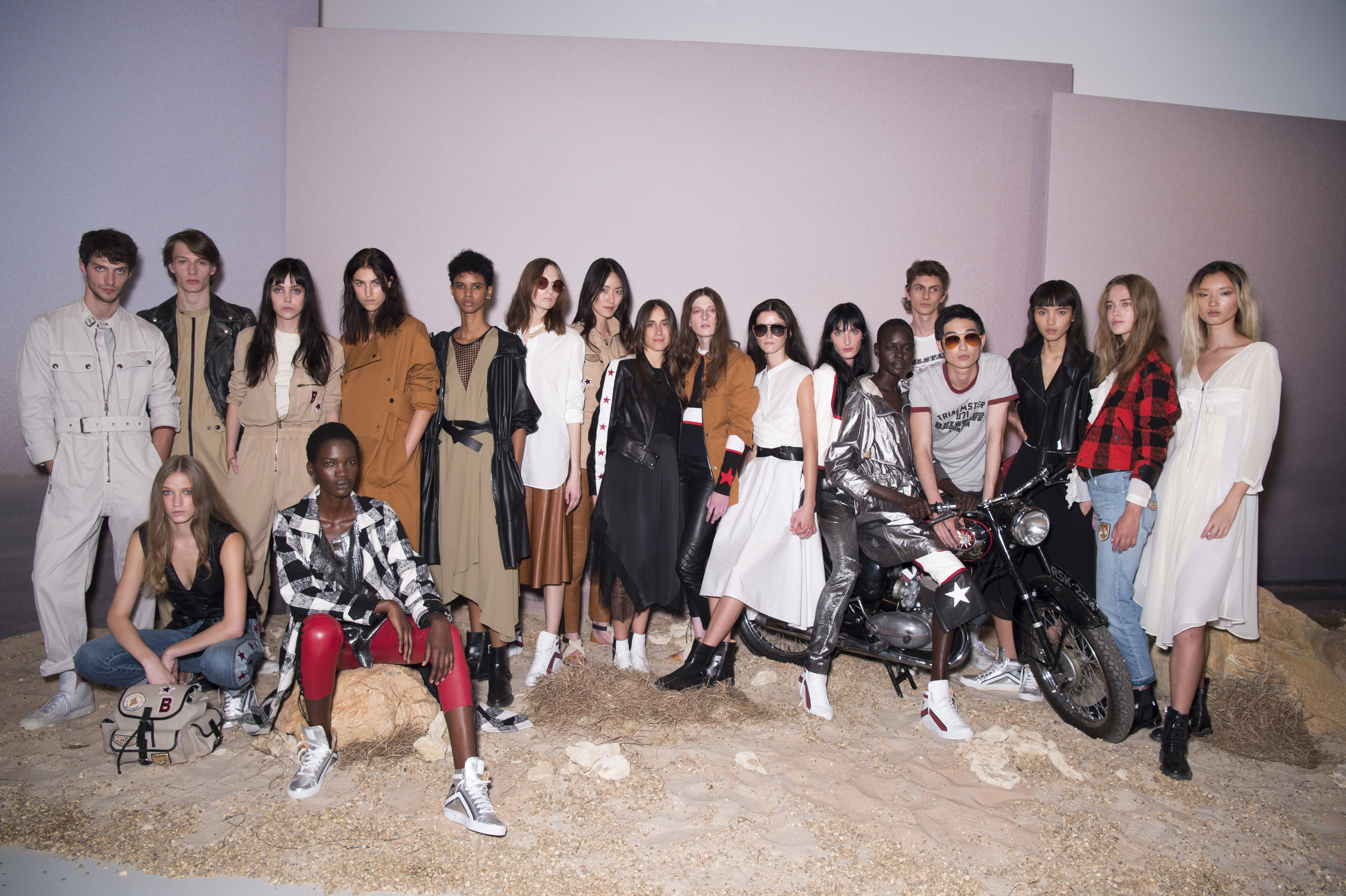Belstaff Presents SS17, 'Across the Wilderness', at London Fashion Week, September 2016, Group Model shot with Collection Creative Director Delphine Ninous