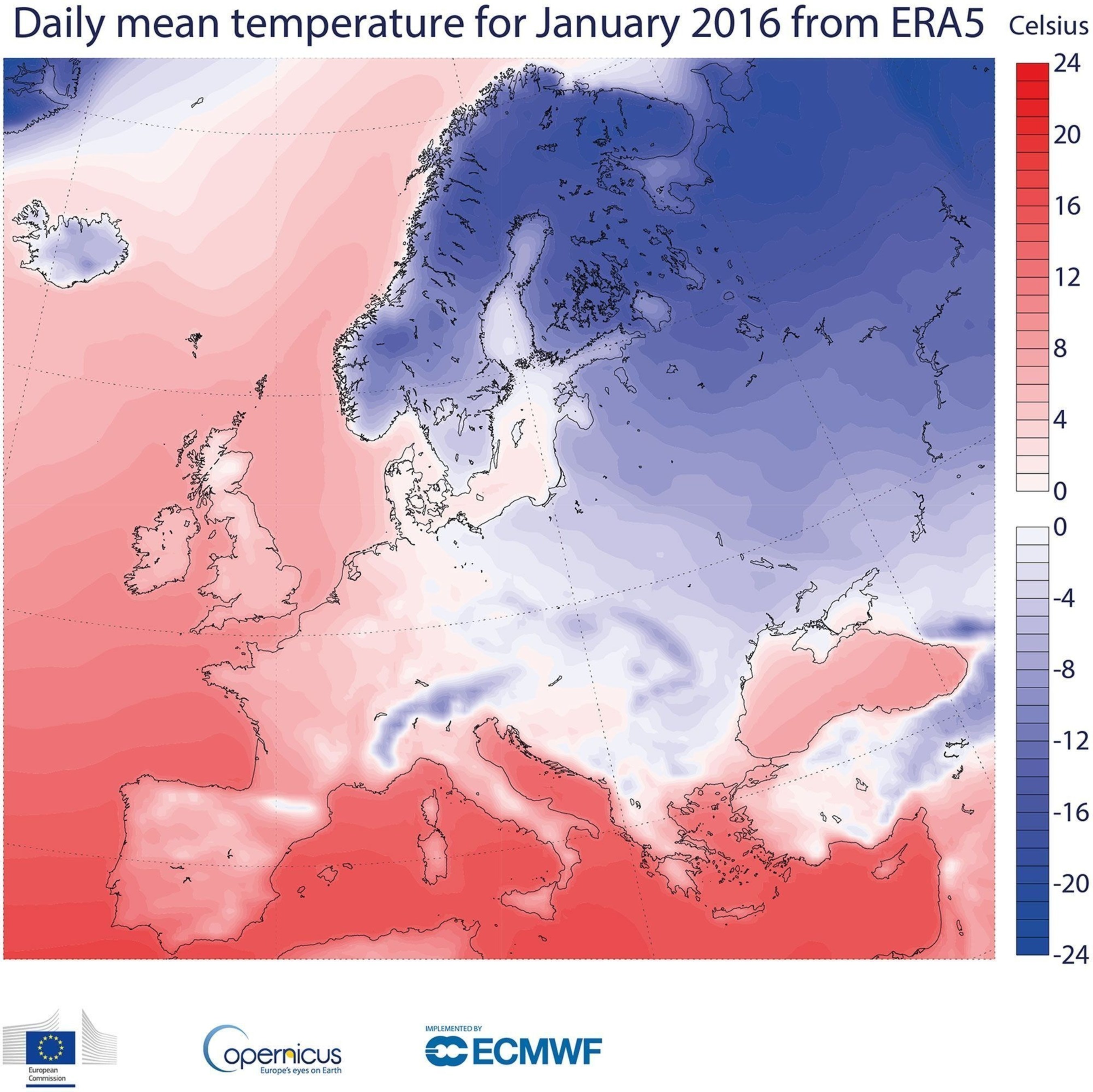 Daily mean surface air temperature for January 2016 from ERA5 (PRNewsFoto/ECMWF)