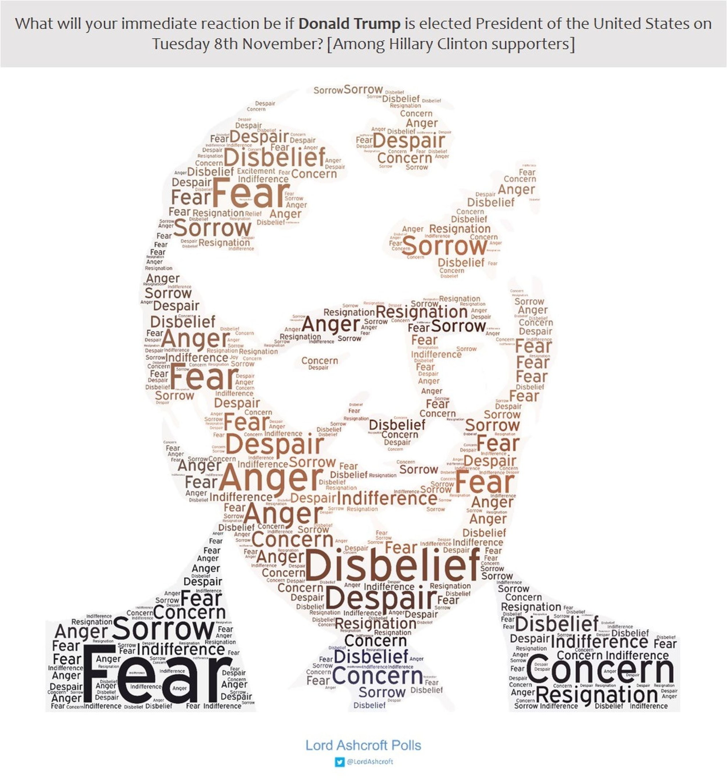 Words chosen by Clinton voters to describe how they would feel if Trump were to win (PRNewsFoto/lordashcroftpolls.com)