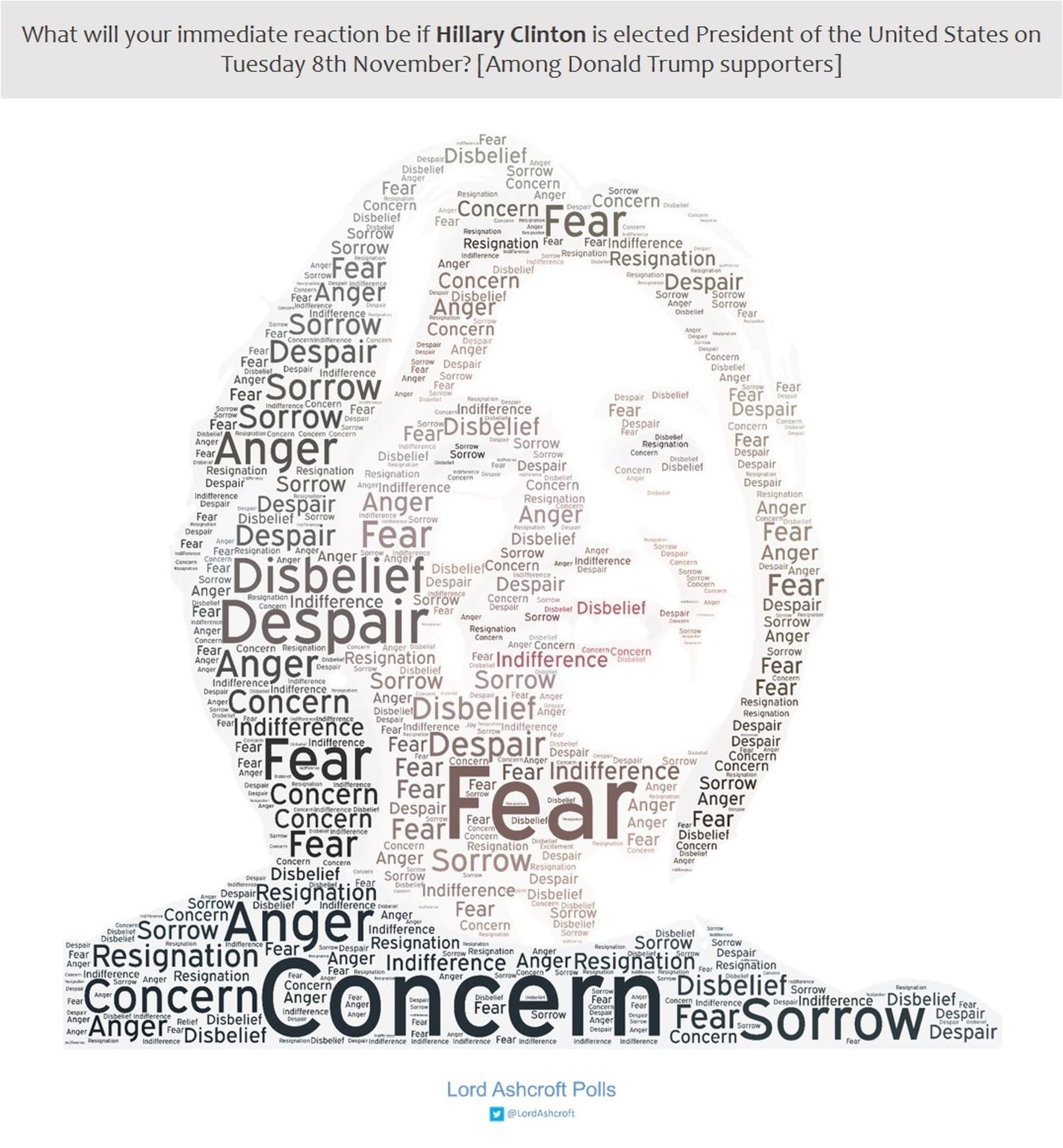 Words chosen by Trump voters to describe how they would feel if Clinton were to win (PRNewsFoto/lordashcroftpolls.com)