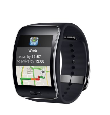 Samsung Gear S owners now can get traffic alerts and recommended departure times in traffic for upcoming trips from their INRIX XD Traffic app right on their smartwatch. (PRNewsFoto/INRIX, Inc.)