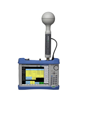 Anritsu Cell Master MT8213E base station analyzer configured with isotropic antenna for EMF measurements.