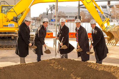 City and state officials joined Bridgestone Americas executives Jan. 7 to break ground on the tire manufacturer's new headquarters in downtown Nashville. From left, Nashville Mayor Karl Dean, Tennessee Economic and Community Development Commissioner Bill Hagerty, Bridgestone Americas CEO and President Gary Garfield, Tennessee Governor Bill Haslam, and Highwoods Properties President and CEO Ed Fritsch spoke at the ceremony at the building site at 4th Avenue South and Demonbreun Street.