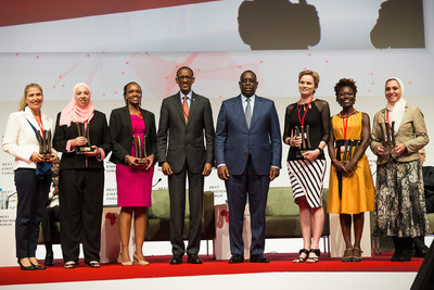 H.E. Macky Sall, President of Senegal and H.E. Paul Kagame, President of Rwanda with the Next Einstein Forum's six female fellows at the launch of the NEF Global Gathering. Earlier, a presidential panel highlighted African women's contribution to STEM as we recognize International Women's Day. Left to Right:   Amanda Weltman, South Africa; Sherien Elagroudy, Egypt; Evelyn Gitau, Kenya;  President Kagame; President Macky Sall, Alta Schutte, South Africa; Tolu Oni, Nigeria; Ghada Bassioni, Egypt.