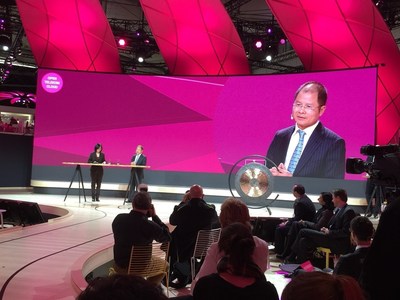 Huawei’s Rotating CEO Eric Xu gave a speech at the press conference announcing the launch of Deutsche Telekom’s Open Telekom Cloud.