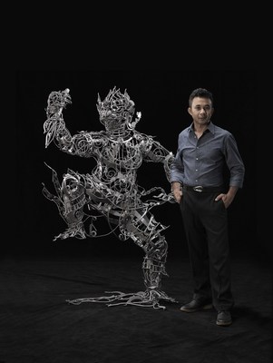 Thai artist Banjerd Lekkong in his Bangkok studio with his iron sculpture "Hanuman's Standing” ahead of his solo exhibition at Agora Gallery in New York from May 20 to June 9, 2016.