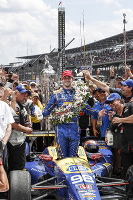 Rookie Alexander Rossi celebrates in Indy 500 Victory Circle