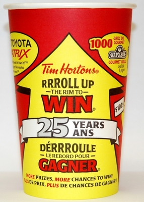 TIM HORTONS' ROLL UP THE RIM TO WIN(R) CELEBRATES 25 YEARS WITH BETTER ODDS - ONE IN SIX CHANCES - AND MORE PRIZES THAN EVER