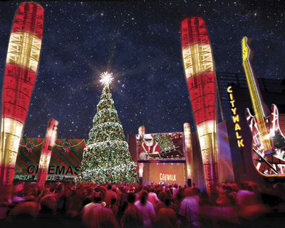 Universal CityWalk Sparkles with Thousands of Twinkling Lights as "5 Towers" Unwraps the Spirited Holidays with First-of-Its-Kind, Technologically-Advanced Christmas Tree, Dazzling Light Show Display, Concert Performances and Snow Covered Rock-n-Roll Santa's Village