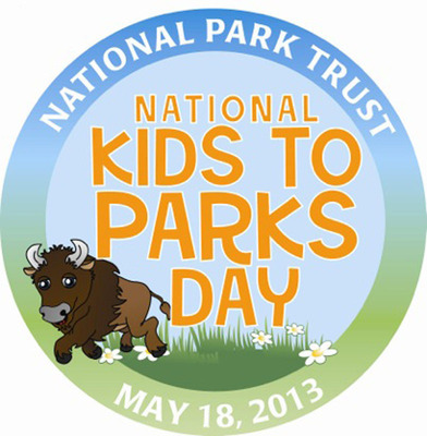 National Park Trust's Buddy Bison says, "Ready, Set, Play...May 18 is National Kids to Parks Day"