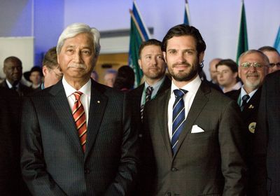 Hamid Ibrahim, chairman of the World Veterans Federation together with Prince Carl Philip of Sweden, at the opening ceremony of Peace and Security Summit 2013.