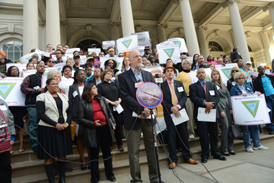 Councilmembers Rosie Mendez, Brad Lander, Jumaane Williams, and Margaret Chin join CCIT NYC coalition on the steps of City Hall to call for a resolution to improve police responses to 911 calls involving individuals with mental health concerns