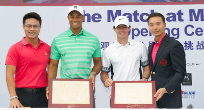 Tiger Woods und Rory McIlroy verewigen ihre Handabdrücke neben denen vieler anderer Stars in Mission Hills Haikou, China