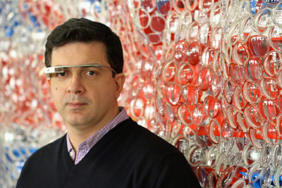 Artist David Datuna with Portrait of America and Google Glass at his Brooklyn, NY studio.