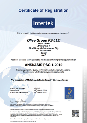 Olive Group is First Private Security Company to be Awarded Accredited Certification to the Private Security Standard (PSC1): a Key Milestone for the Company and the Industry