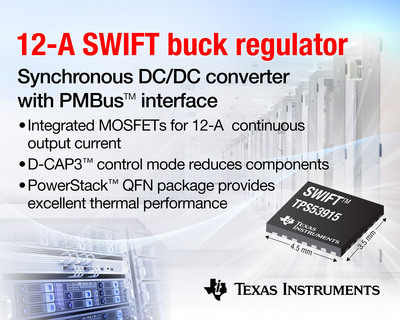 The SWIFT 12-A TPS53915 converter from Texas Instruments features a tiny PowerStack™ QFN package and integrated NexFET™ MOSFETS to drive ASICs in space-constrained and power-dense applications in a variety of markets, including wired and wireless communications, enterprise/cloud computing and storage systems. Used in conjunction with TI's award-winning WEBENCH® online design tools, the TPS53915 simplifies power conversion and speeds the design process.