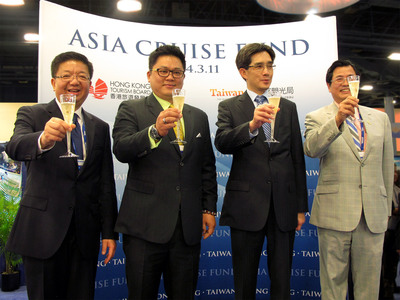 From left to right: Anthony Lau, Executive Director of Hong Kong Tourism Board; Wayne Hsi-Lin Liu, Deputy Director-General of the Taiwan Tourism Bureau; Philip Yung, Commissioner for Tourism of the Hong Kong Special Administrative Region Government; and Thomas Chang, Director, U.S., Taiwan Tourism Bureau toasts the launch of the Asia Cruise Fund at the 2014 Cruise Shipping Miami on March 11th, 2014.