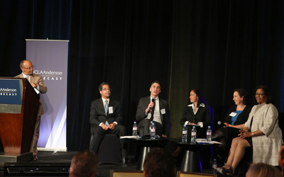 (Left to Right) Noel Massie moderates a discussion on job preparedness between Michael Stoll, Frederick Zimmerman, Alicia Lara, Leslie Aaronson and Jan Perry at the UCLA Anderson Forecast event on April 2, 2014.  