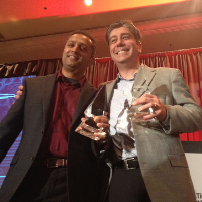 Altera takes home a pair of aces.  Manish Deo (left), product marketing manager, and Alex Grbic, director of software marketing, receive EETimes and EDN ACE awards for innovations in FPGA technology on behalf of Altera.
